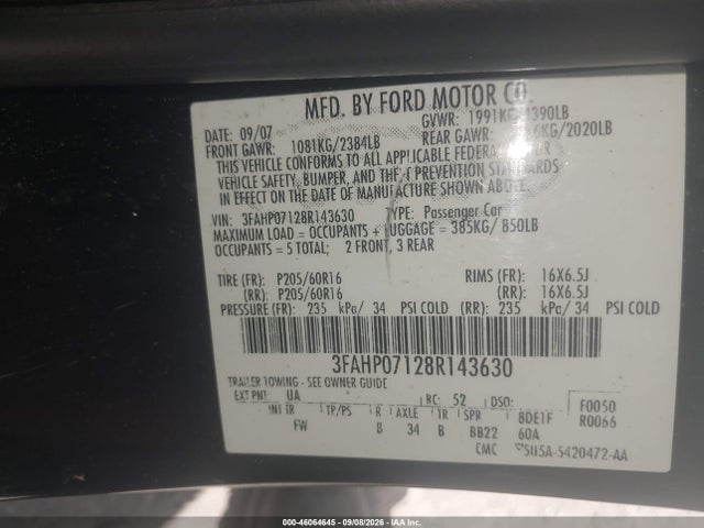 Aukcja sprzedaży 2008 Ford Fusion Se, vin: 3FAHP07128R143630, numer aukcji: 46064645
