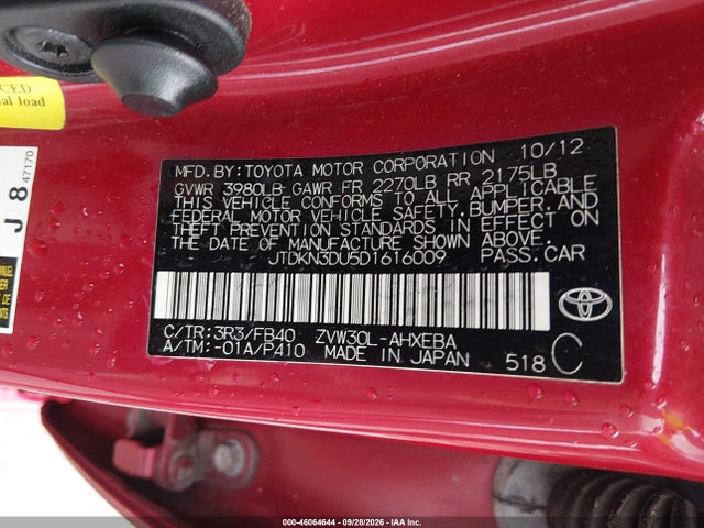 46064644 :رقم المزاد ، JTDKN3DU5D1616009 vin ، 2013 Toyota Prius Two مزاد بيع