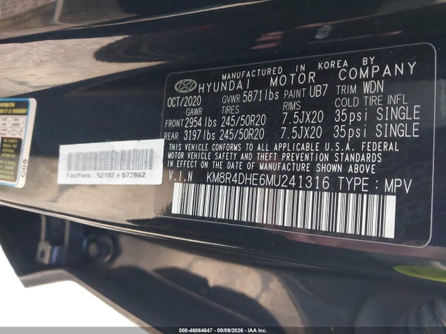 46064647 :رقم المزاد ، KM8R4DHE6MU241316 vin ، 2021 Hyundai Palisade Sel مزاد بيع