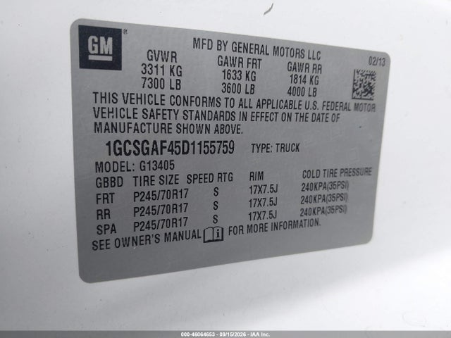 Aukcja sprzedaży 2013 Chevrolet Express 1500 Work Van, vin: 1GCSGAF45D1155759, numer aukcji: 46064653