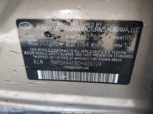 Продажа на аукционе авто 2013 Hyundai Elantra Gls, vin: 5NPDH4AE8DH409724, номер лота: 46064657