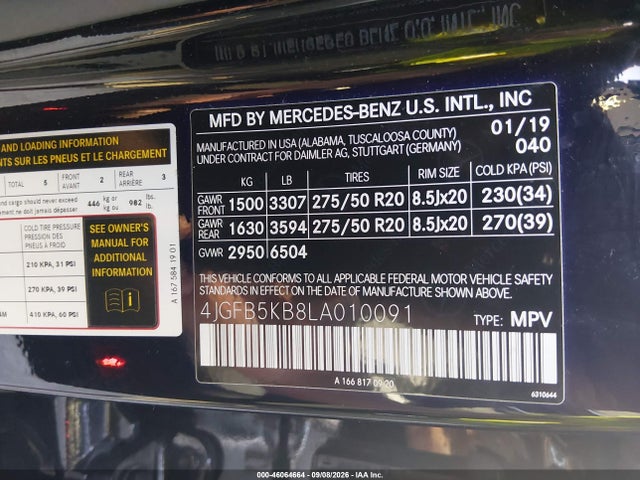 Aukcja sprzedaży 2020 Mercedes-benz Gle 450 4matic, vin: 4JGFB5KB8LA010091, numer aukcji: 46064664