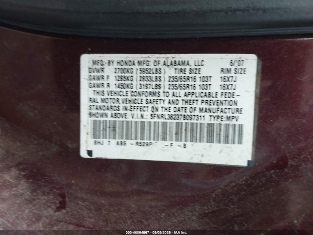 2007 Honda Odyssey Lx მანქანა იყიდება აუქციონზე, vin: 5FNRL38237B097311, აუქციონის ნომერი: 46064667