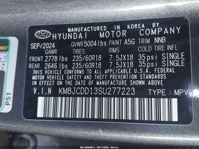 KM8JCDD13SU277223 Hyundai Tucson Hybrid Sel Convenience