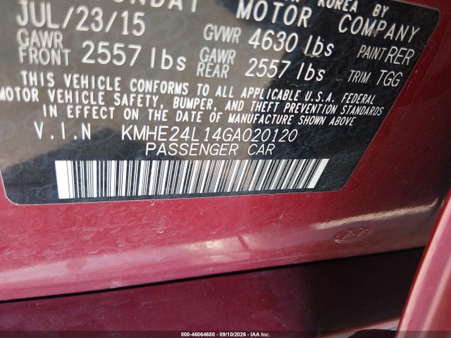 Aukcja sprzedaży 2016 Hyundai Sonata Hybrid Se, vin: KMHE24L14GA020120, numer aukcji: 46064680