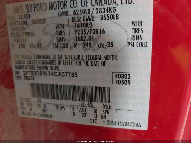 46064706 :رقم المزاد ، 2FTRX18W14CA37185 vin ، 2004 Ford F-150 Heritage Xl/xlt مزاد بيع