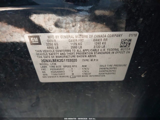 2016 Chevrolet Equinox Ls მანქანა იყიდება აუქციონზე, vin: 2GNALBEK2G1153020, აუქციონის ნომერი: 46064708
