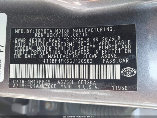 Продажа на аукционе авто 2016 Toyota Camry Se, vin: 4T1BF1FK5GU128982, номер лота: 46064718