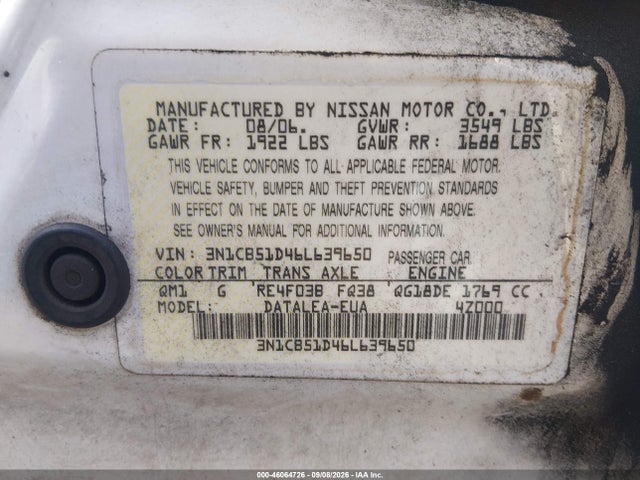 46064726 :رقم المزاد ، 3N1CB51D46L639650 vin ، 2006 Nissan Sentra 1.8s مزاد بيع