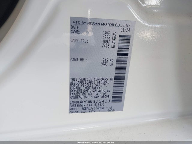 Продажа на аукционе авто 2024 Nissan Altima Sl Fwd, vin: 1N4BL4EV1RN375431, номер лота: 46064727