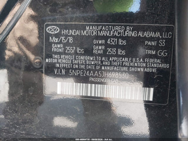 46064735 :رقم المزاد ، 5NPE24AA5JH698530 vin ، 2018 Hyundai Sonata Eco مزاد بيع