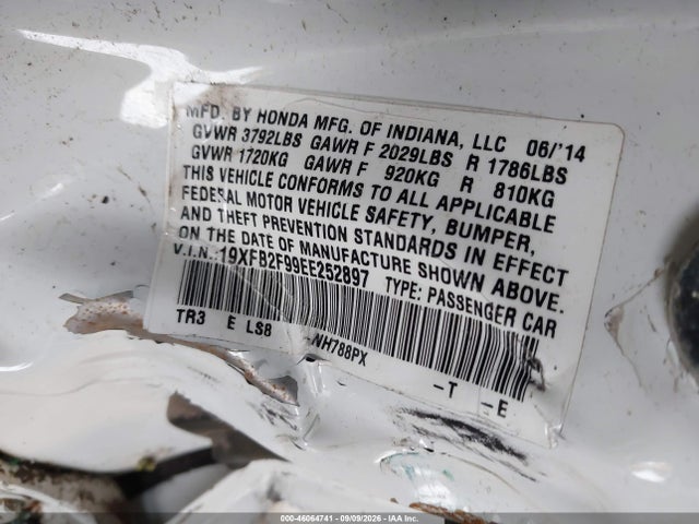 2014 Honda Civic Ex-l მანქანა იყიდება აუქციონზე, vin: 19XFB2F99EE252897, აუქციონის ნომერი: 46064741