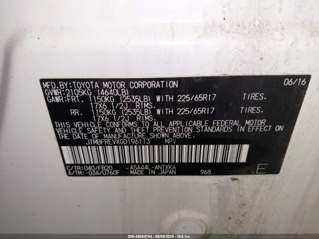 Продаж на аукціоні авто 2016 Toyota Rav4 Le, vin: JTMBFREVXGD196113, номер лоту: 46064744