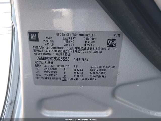 Aukcja sprzedaży 2012 Buick Enclave Leather, vin: 5GAKRCED3CJ238288, numer aukcji: 46064753
