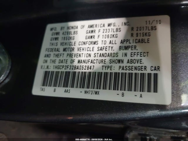 46064776 :رقم المزاد ، 1HGCP2F32BA052847 vin ، 2011 Honda Accord 2.4 Lx مزاد بيع