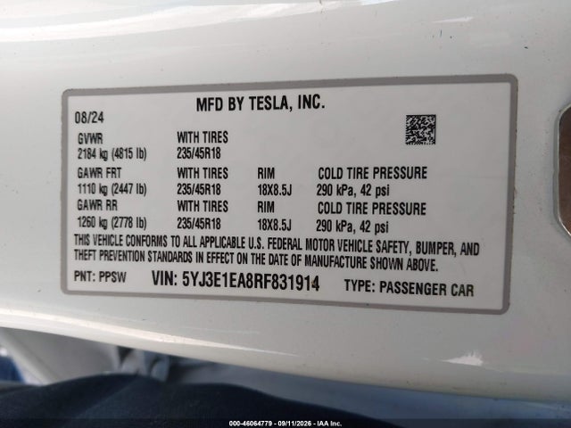 5YJ3E1EA8RF831914 Tesla Model 3 Long Range Dual Motor All-wheel Drive/rear-wheel Drive