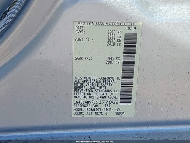 46064789 :رقم المزاد ، 1N4BL4BV7LC177069 vin ، 2020 Nissan Altima S Fwd مزاد بيع
