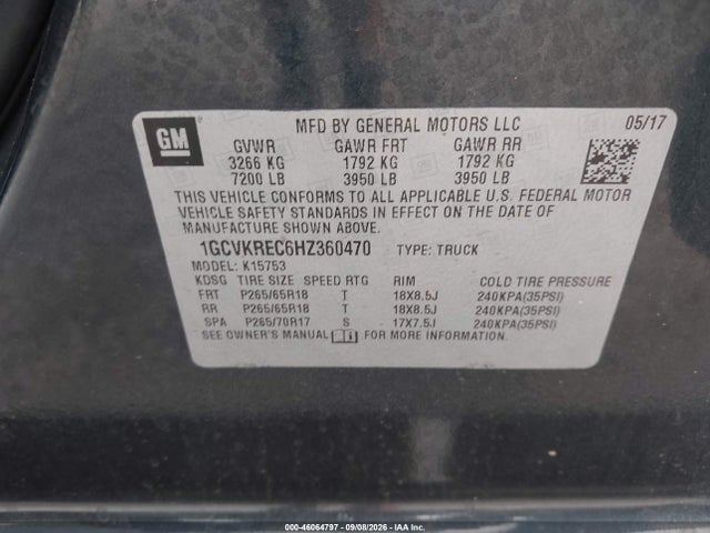 2017 Chevrolet Silverado 1500 1lt მანქანა იყიდება აუქციონზე, vin: 1GCVKREC6HZ360470, აუქციონის ნომერი: 46064797