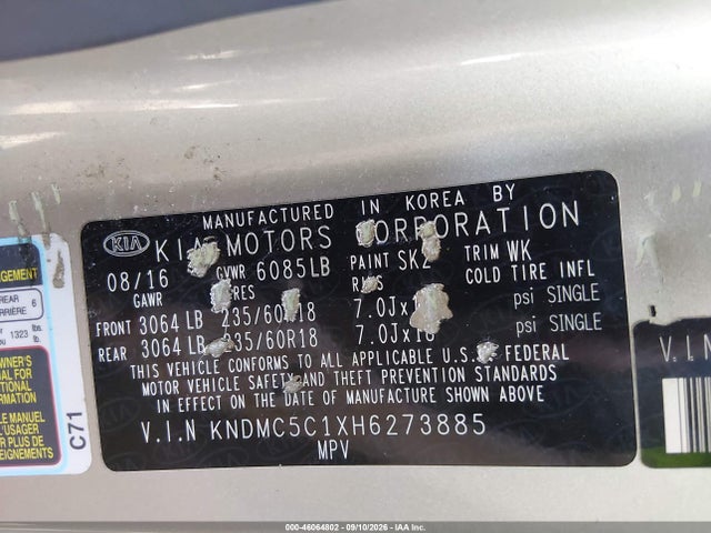 Продажа на аукционе авто 2017 Kia Sedona Ex, vin: KNDMC5C1XH6273885, номер лота: 46064802