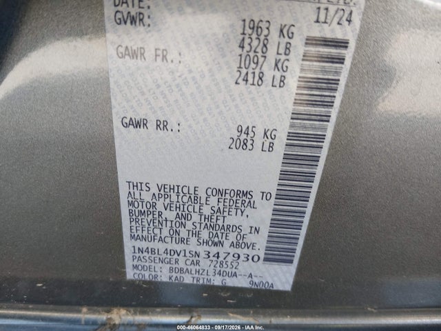 Продажа на аукционе авто 2025 Nissan Altima Sv Fwd, vin: 1N4BL4DV1SN347930, номер лота: 46064833