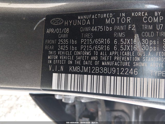 Aukcja sprzedaży 2008 Hyundai Tucson Gls, vin: KM8JM12B38U912246, numer aukcji: 46064846