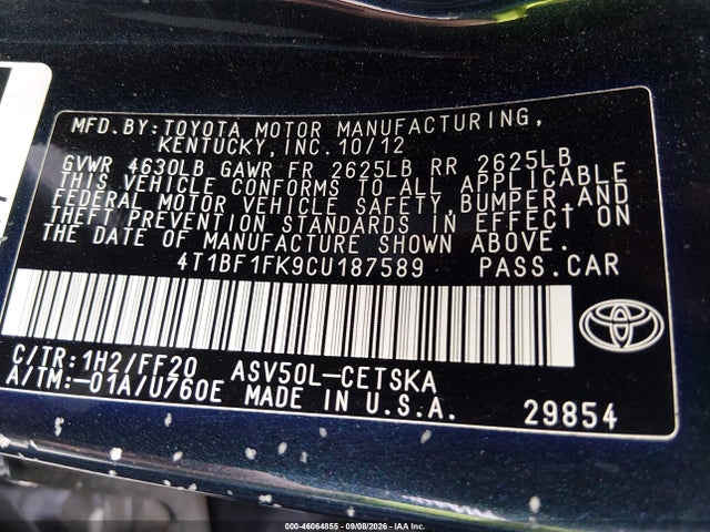 46064855 :رقم المزاد ، 4T1BF1FK9CU187589 vin ، 2012 Toyota Camry Se مزاد بيع