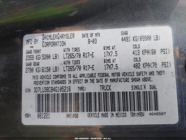 2004 Dodge Ram 3500 Slt/laramie მანქანა იყიდება აუქციონზე, vin: 3D7LU38C84G105216, აუქციონის ნომერი: 46064859