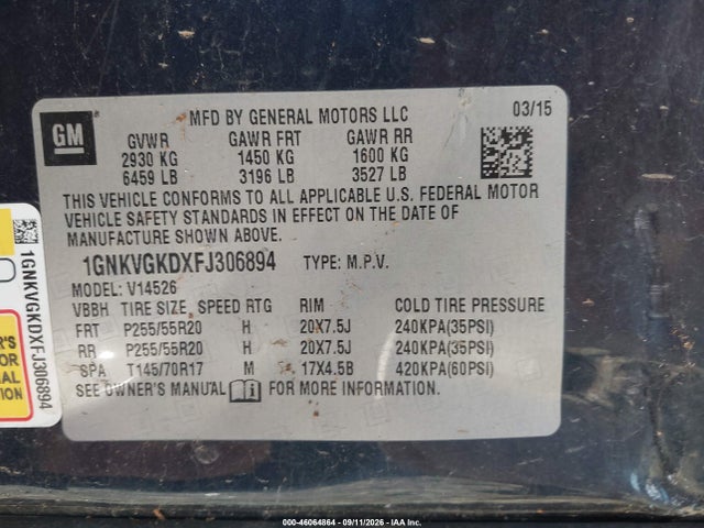 46064864 :رقم المزاد ، 1GNKVGKDXFJ306894 vin ، 2015 Chevrolet Traverse 1lt مزاد بيع