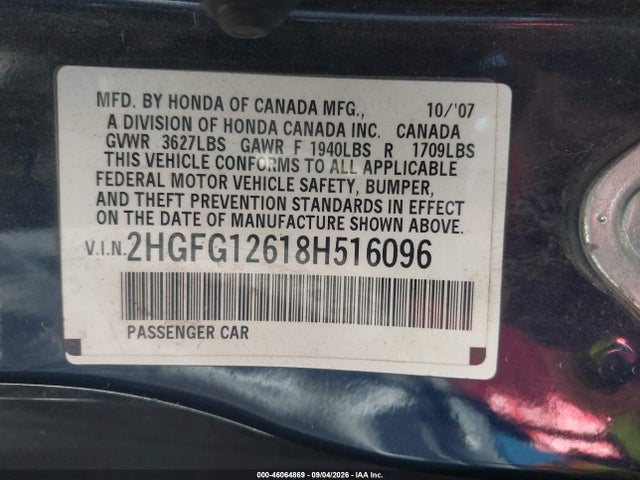 Aukcja sprzedaży 2008 Honda Civic Lx, vin: 2HGFG12618H516096, numer aukcji: 46064869