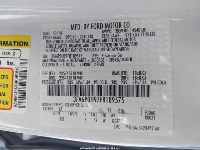 Продажа на аукционе авто 2015 Ford Fusion Se, vin: 3FA6P0H97FR189575, номер лота: 46064872