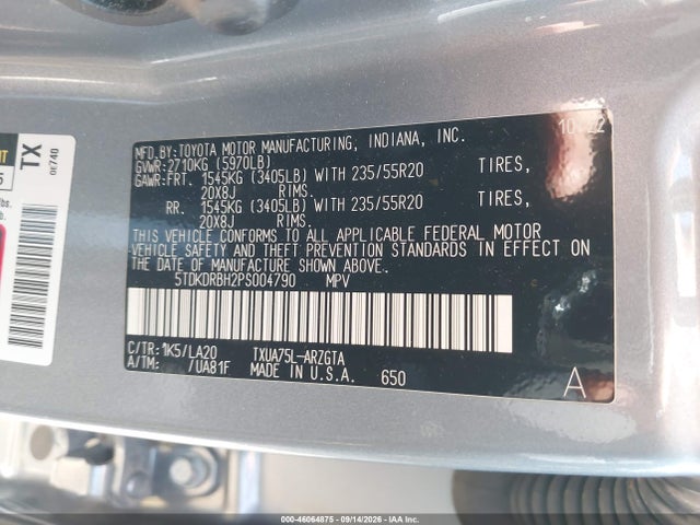 2023 Toyota Highlander Platinum მანქანა იყიდება აუქციონზე, vin: 5TDKDRBH2PS004790, აუქციონის ნომერი: 46064875