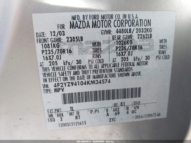 Продаж на аукціоні авто 2004 Mazda Tribute Lx V6, vin: 4F2YZ94104KM34574, номер лоту: 46064911