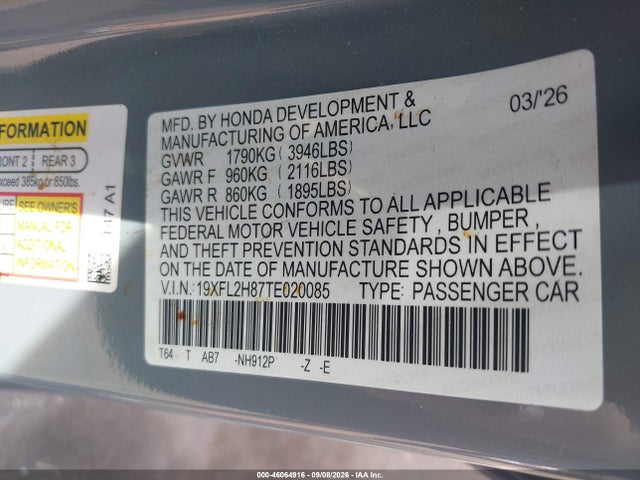 2026 Honda Civic Sport მანქანა იყიდება აუქციონზე, vin: 19XFL2H87TE020085, აუქციონის ნომერი: 46064916