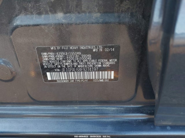 46064925 :رقم المزاد ، JF1GPAL68E9274197 vin ، 2014 Subaru Impreza 2.0i Sport Premium مزاد بيع