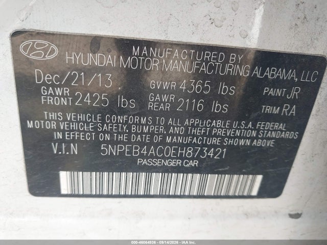 Продажа на аукционе авто 2014 Hyundai Sonata Gls, vin: 5NPEB4AC0EH873421, номер лота: 46064936