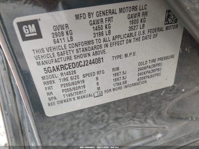 46064942 :رقم المزاد ، 5GAKRCED0CJ244081 vin ، 2012 Buick Enclave Leather مزاد بيع