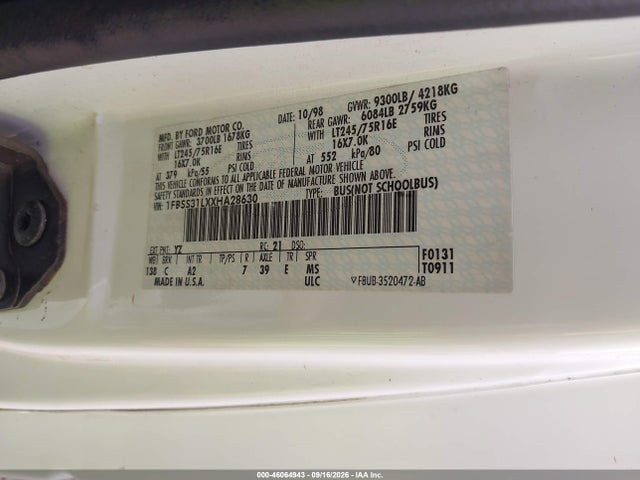 46064943 :رقم المزاد ، 1FBSS31LXXHA28630 vin ، 1999 Ford E-350 Super Duty Xl/xlt مزاد بيع