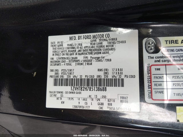 Продажа на аукционе авто 2008 Ford Mustang Gt Deluxe/gt Premium, vin: 1ZVHT82H785138688, номер лота: 46064946