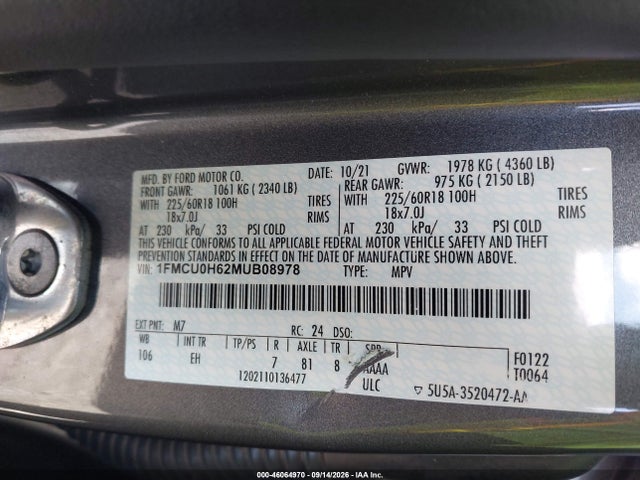 2021 Ford Escape Sel მანქანა იყიდება აუქციონზე, vin: 1FMCU0H62MUB08978, აუქციონის ნომერი: 46064970