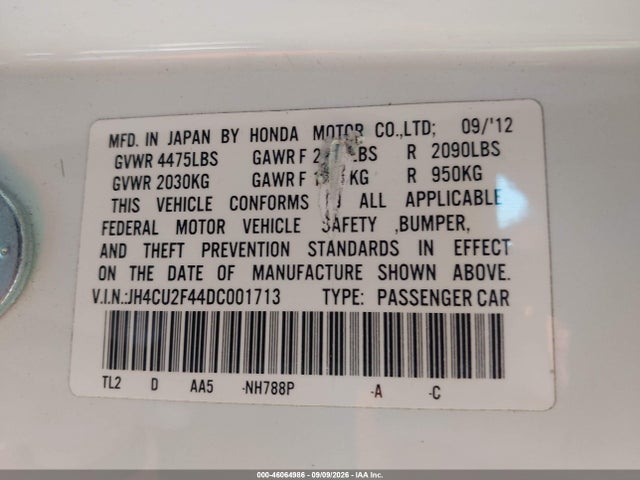 46064986 :رقم المزاد ، JH4CU2F44DC001713 vin ، 2013 Acura Tsx 2.4 مزاد بيع
