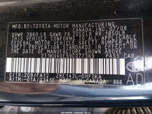 46065008 :رقم المزاد ، 2T1KU40E99C077369 vin ، 2009 Toyota Matrix مزاد بيع