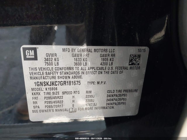 Продажа на аукционе авто 2016 Chevrolet Suburban Ltz, vin: 1GNSKJKC7GR181675, номер лота: 46065010