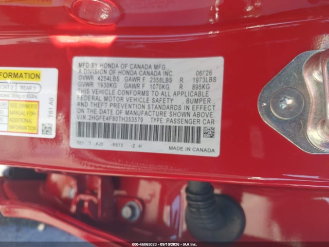 46065023 :رقم المزاد ، 2HGFE4F80TH353579 vin ، 2026 Honda Civic Hybrid Sport/sport Touring مزاد بيع