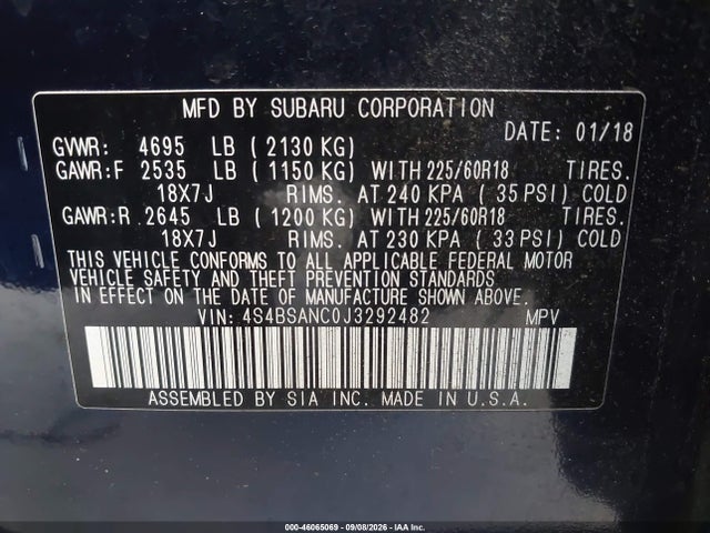 Aukcja sprzedaży 2018 Subaru Outback 2.5i Limited, vin: 4S4BSANC0J3292482, numer aukcji: 46065069