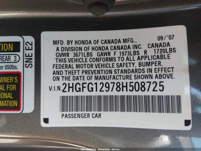 46065074 :رقم المزاد ، 2HGFG12978H508725 vin ، 2008 Honda Civic Ex-l مزاد بيع