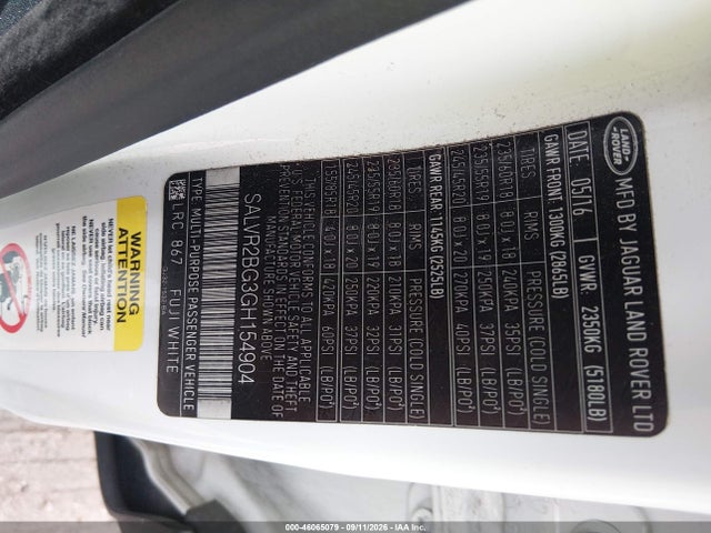 Aukcja sprzedaży 2016 Land Rover Range Rover Evoque Hse, vin: SALVR2BG3GH154904, numer aukcji: 46065079