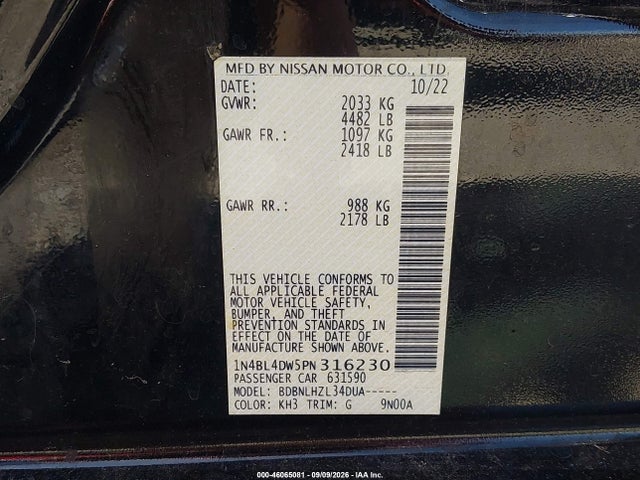 1N4BL4DW5PN316230 Nissan Altima Sv Intelligent Awd