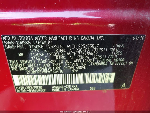 2014 Toyota Rav4 Le მანქანა იყიდება აუქციონზე, vin: 2T3BFREV9EW135416, აუქციონის ნომერი: 46065086