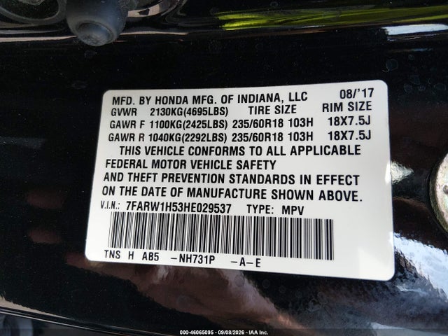 46065095 :رقم المزاد ، 7FARW1H53HE029537 vin ، 2017 Honda Cr-v Ex مزاد بيع