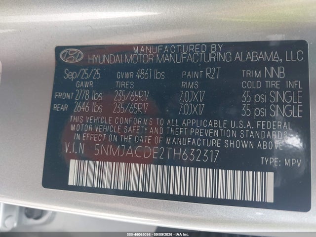 Продажа на аукционе авто 2026 Hyundai Tucson Se, vin: 5NMJACDE2TH632317, номер лота: 46065098